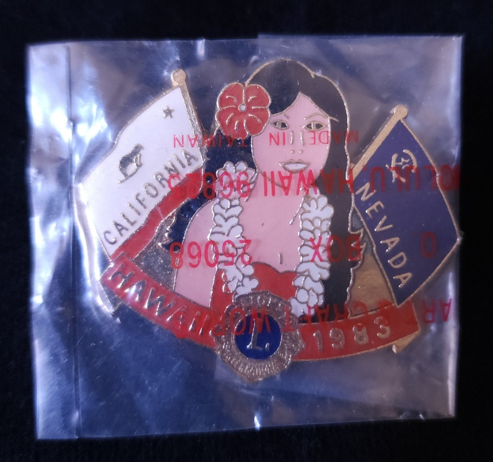 Rare Vintage Lions Club 1983 Honolulu Hawaii Girl California Nevada Pin Lapel